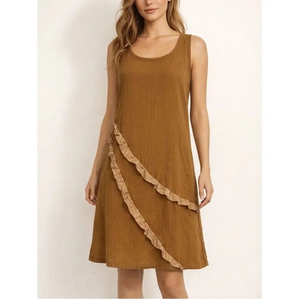 Oh My Gauze! Sleeveless Cotton Ruffle Dress In Cinnamon Size S/M